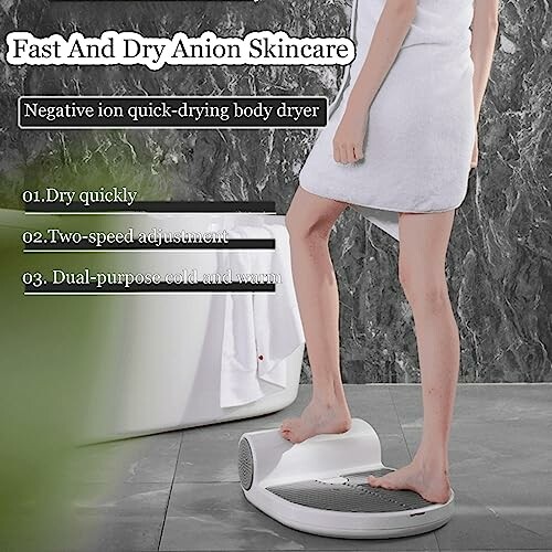 Person using a negative ion quick-drying body dryer with features listed.