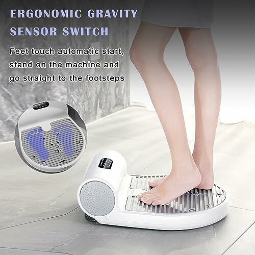 Person standing on ergonomic foot massager with gravity sensor switch.