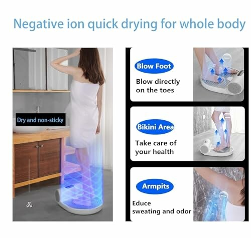 Person using a negative ion body dryer with features for feet, bikini area, and armpits.